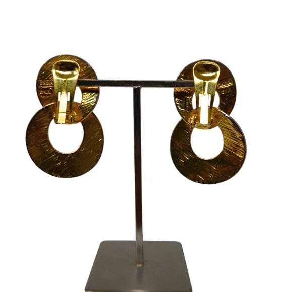 Vintage KJL Gold-Tone Textured Double Circle Clip-On Earrings | Boho Style | 2" - Picture 3 of 9